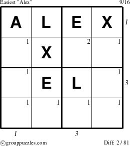 The grouppuzzles.com Easiest Alex puzzle for  with all 2 steps marked