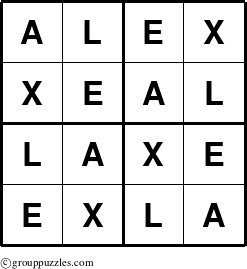 The grouppuzzles.com Answer grid for the Alex puzzle for 