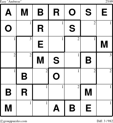 The grouppuzzles.com Easy Ambrose puzzle for  with the first 3 steps marked