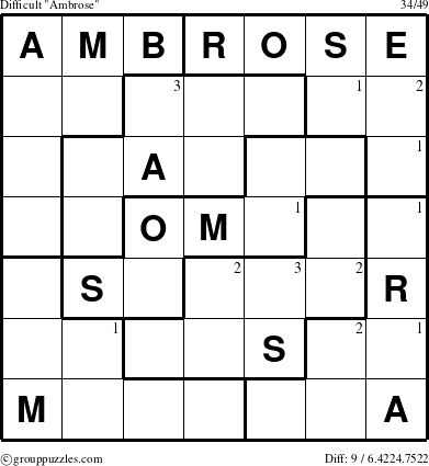 The grouppuzzles.com Difficult Ambrose puzzle for  with the first 3 steps marked