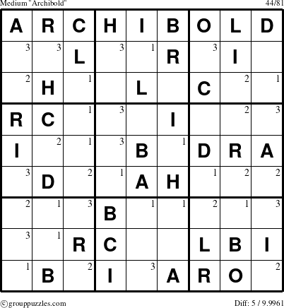 The grouppuzzles.com Medium Archibold puzzle for  with the first 3 steps marked