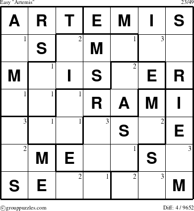 The grouppuzzles.com Easy Artemis puzzle for  with the first 3 steps marked
