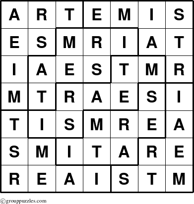 The grouppuzzles.com Answer grid for the Artemis puzzle for 