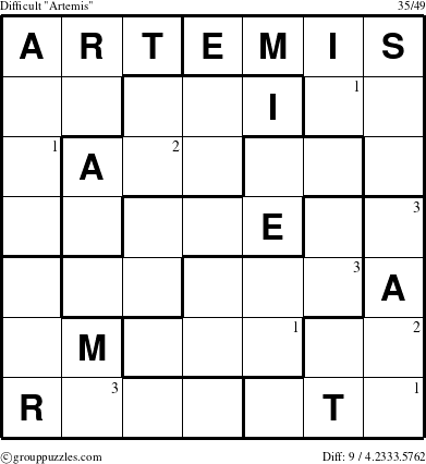 The grouppuzzles.com Difficult Artemis puzzle for  with the first 3 steps marked