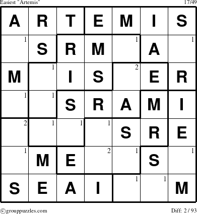 The grouppuzzles.com Easiest Artemis puzzle for  with the first 2 steps marked