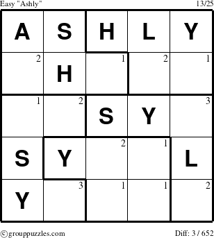 The grouppuzzles.com Easy Ashly puzzle for  with the first 3 steps marked