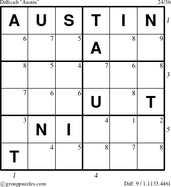 The grouppuzzles.com Difficult Austin puzzle for  with all 9 steps marked