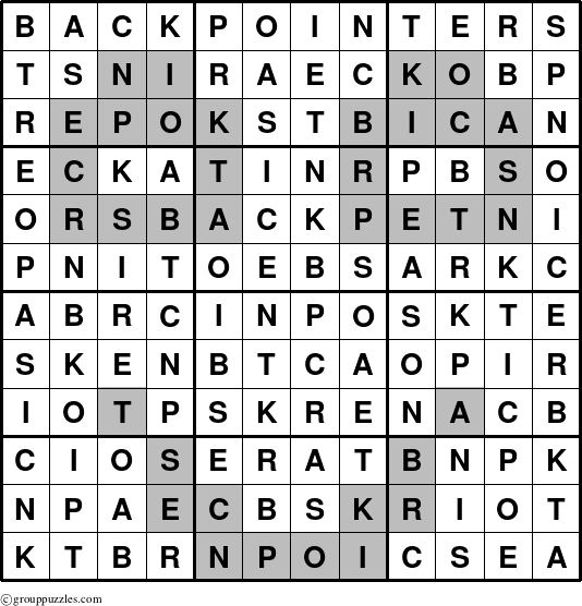 The grouppuzzles.com Answer grid for the Backpointers puzzle for 