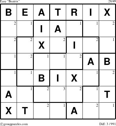 The grouppuzzles.com Easy Beatrix puzzle for  with the first 3 steps marked