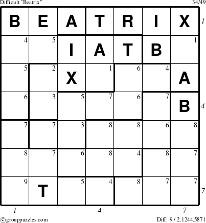 The grouppuzzles.com Difficult Beatrix puzzle for  with all 9 steps marked