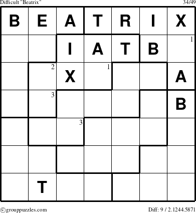 The grouppuzzles.com Difficult Beatrix puzzle for  with the first 3 steps marked