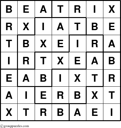 The grouppuzzles.com Answer grid for the Beatrix puzzle for 