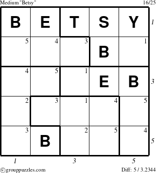 The grouppuzzles.com Medium Betsy puzzle for  with all 5 steps marked