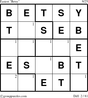 The grouppuzzles.com Easiest Betsy puzzle for  with the first 2 steps marked