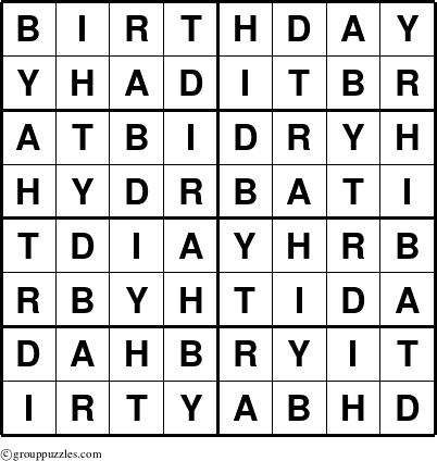 The grouppuzzles.com Answer grid for the Birthday puzzle for 