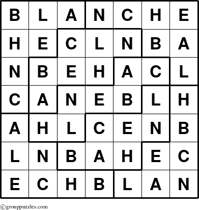 The grouppuzzles.com Answer grid for the Blanche puzzle for 