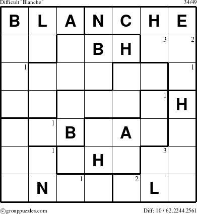 The grouppuzzles.com Difficult Blanche puzzle for  with the first 3 steps marked