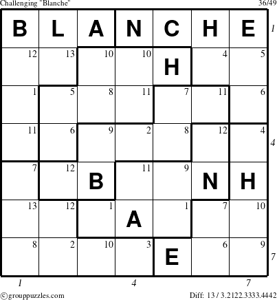 The grouppuzzles.com Challenging Blanche puzzle for  with all 13 steps marked