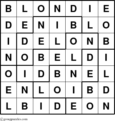 The grouppuzzles.com Answer grid for the Blondie puzzle for 