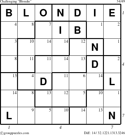 The grouppuzzles.com Challenging Blondie puzzle for  with all 14 steps marked