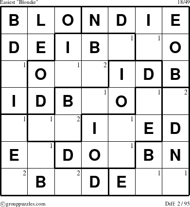 The grouppuzzles.com Easiest Blondie puzzle for  with the first 2 steps marked