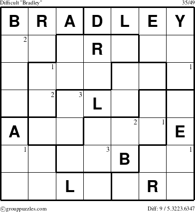 The grouppuzzles.com Difficult Bradley puzzle for  with the first 3 steps marked