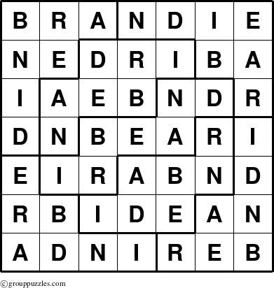 The grouppuzzles.com Answer grid for the Brandie puzzle for 