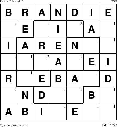 The grouppuzzles.com Easiest Brandie puzzle for  with the first 2 steps marked