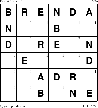 The grouppuzzles.com Easiest Brenda puzzle for  with the first 2 steps marked
