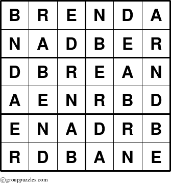 The grouppuzzles.com Answer grid for the Brenda puzzle for 