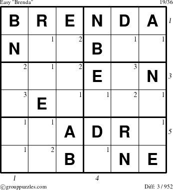 The grouppuzzles.com Easy Brenda puzzle for  with all 3 steps marked