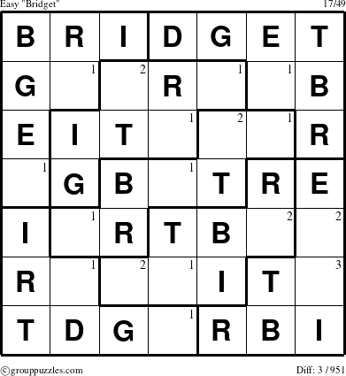 The grouppuzzles.com Easy Bridget puzzle for  with the first 3 steps marked