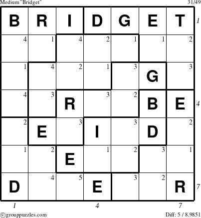 The grouppuzzles.com Medium Bridget puzzle for  with all 5 steps marked