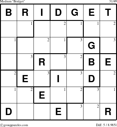 The grouppuzzles.com Medium Bridget puzzle for  with the first 3 steps marked
