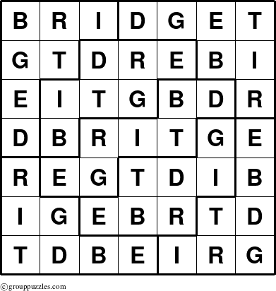 The grouppuzzles.com Answer grid for the Bridget puzzle for 