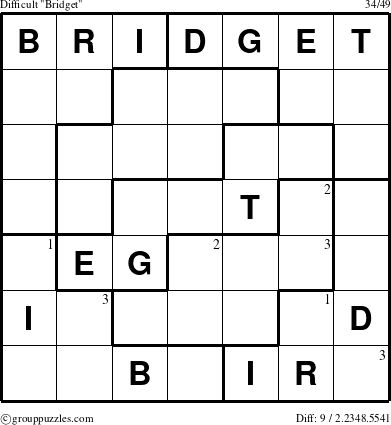 The grouppuzzles.com Difficult Bridget puzzle for  with the first 3 steps marked