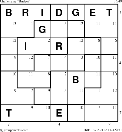 The grouppuzzles.com Challenging Bridget puzzle for  with all 13 steps marked