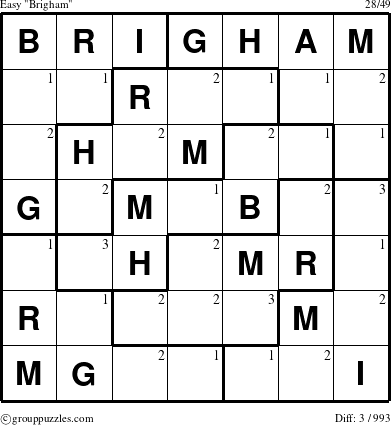 The grouppuzzles.com Easy Brigham puzzle for  with the first 3 steps marked