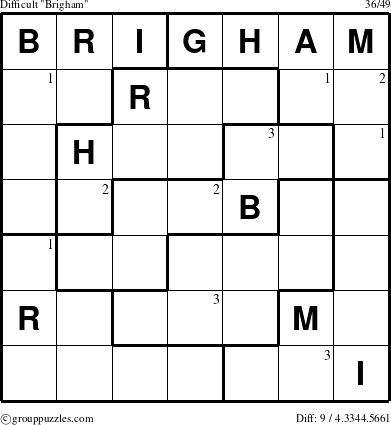 The grouppuzzles.com Difficult Brigham puzzle for  with the first 3 steps marked
