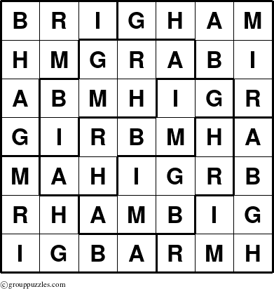 The grouppuzzles.com Answer grid for the Brigham puzzle for 