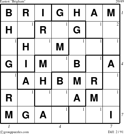 The grouppuzzles.com Easiest Brigham puzzle for  with all 2 steps marked
