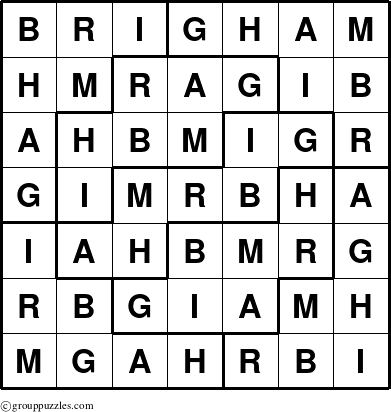 The grouppuzzles.com Answer grid for the Brigham puzzle for 