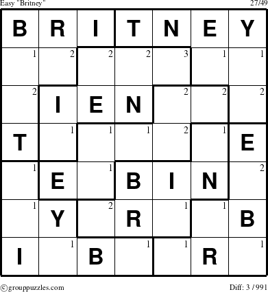 The grouppuzzles.com Easy Britney puzzle for  with the first 3 steps marked