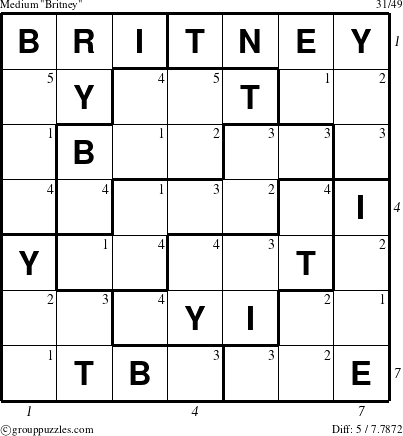 The grouppuzzles.com Medium Britney puzzle for  with all 5 steps marked