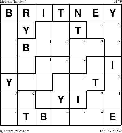 The grouppuzzles.com Medium Britney puzzle for  with the first 3 steps marked