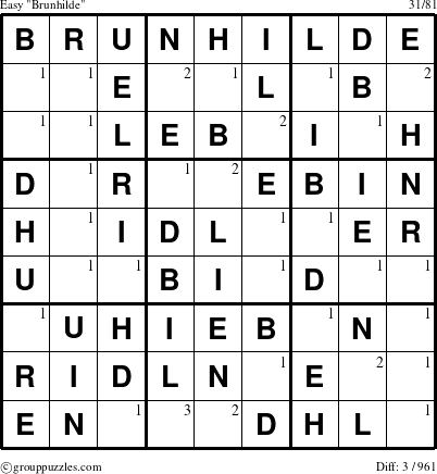 The grouppuzzles.com Easy Brunhilde puzzle for  with the first 3 steps marked