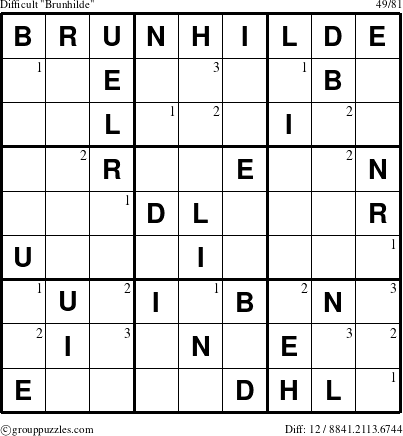 The grouppuzzles.com Difficult Brunhilde puzzle for  with the first 3 steps marked