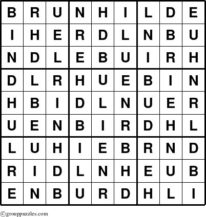 The grouppuzzles.com Answer grid for the Brunhilde puzzle for 