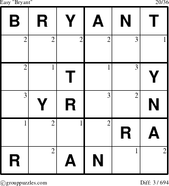 The grouppuzzles.com Easy Bryant puzzle for  with the first 3 steps marked