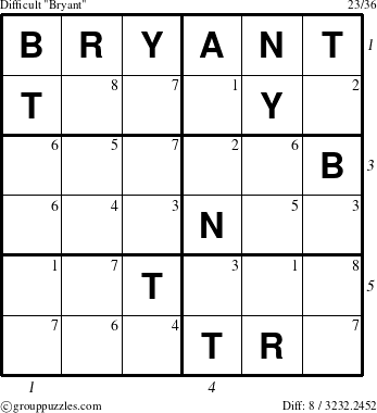 The grouppuzzles.com Difficult Bryant puzzle for  with all 8 steps marked